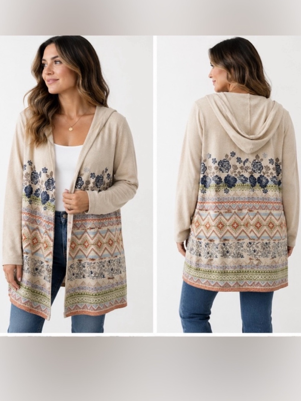 Savanna Jane Anthropologie Hooded Cardigan Floral Aztec Open Front Boho M/L
